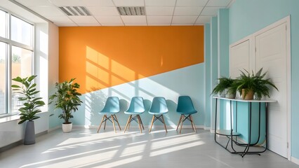 Modern Waiting Room with Blue Chairs and Orange Accent Wall Interior Design Concept Idea