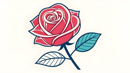 Stylized red rose with green leaves isolated on white background for design