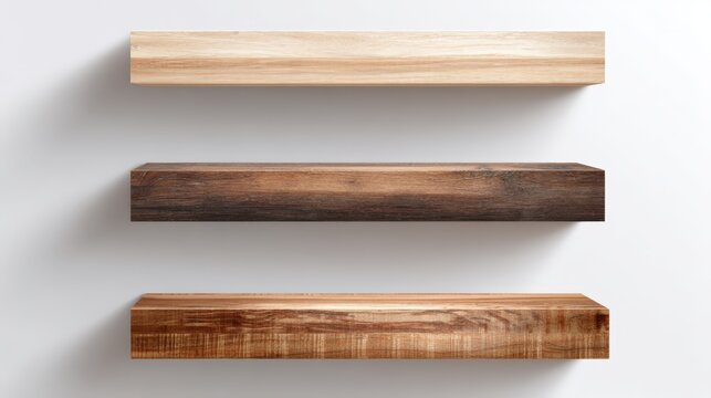 Three wooden floating shelves of varying colors and grains on a clean white wall for product display