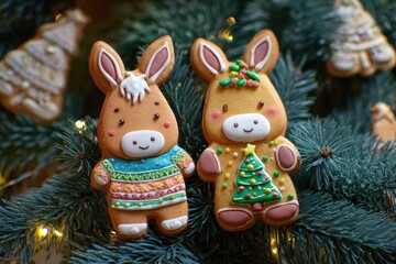 Obraz premium Christmas Donkey. Color Image of Horizontal Baked Rabbit Character in Celebration Mood with Christmas Tree Cookies