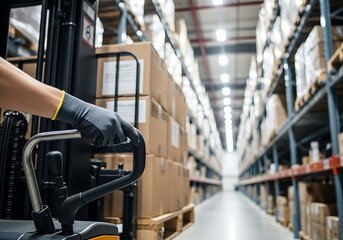 Close-up of a worker's gloved hand operating a forklift control handle in a large logistics warehouse aisle