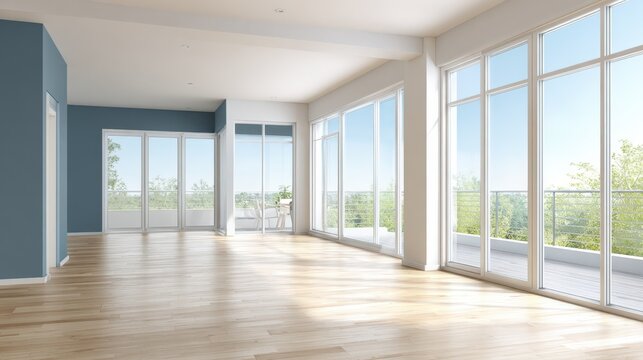 Bright, airy, modern apartment with hardwood floors, floor-to-ceiling windows, and a blue accent wall in a spacious living room