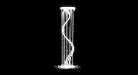 Abstract, spiraling, illuminated water fountain against a black background.