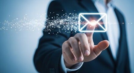 Businessman s finger touching a glowing digital envelope icon with data particles flowing from it