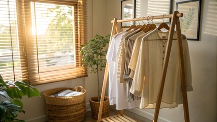 Clothing Rack with Neutral Garments and Indoor Plant by Window in a Cozy Room Setting