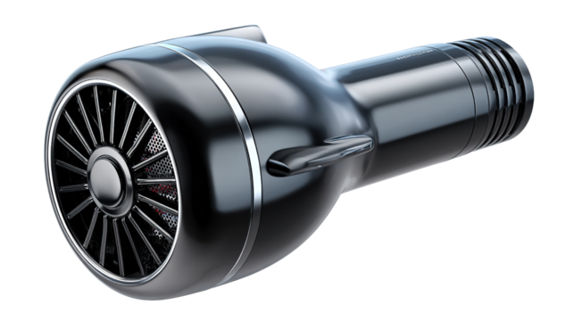 Jet Engine Model: A meticulously crafted model of a jet engine, showcasing its sleek design and intricate details. The shiny metallic finish reflects the precision engineering of modern technology. 