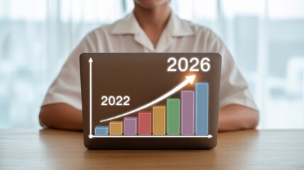 The 2022 to 2026 Forecast - A person with a laptop, with a bar chart showing business growth from 2022 to 2026, symbolizing future projections