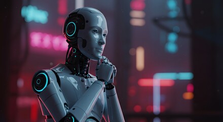 Realistic AI Robot Thinking Concept with Futuristic Technology Background
