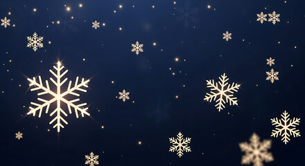 Gentle golden snowflakes drift and sparkle against a deep blue, star-dusted background, evoking a serene and magical winter atmosphere.