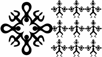 Stylized tribal figures and geometric pattern featuring primitive art elements in black and white design