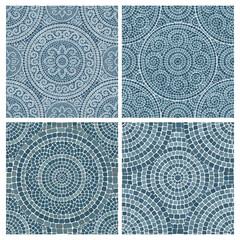 Seamless pattern blue Circular Mosaic. Decorative Antique Stone Ornament.