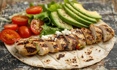 Savory chicken and avocado flatbread wrap with fresh ingredients overhead