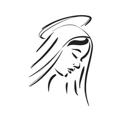 Virgin Mary minimalist line art icon. Blessed Mother profile sketch. Christian and Catholic symbol of faith and purity. Vector illustration.
