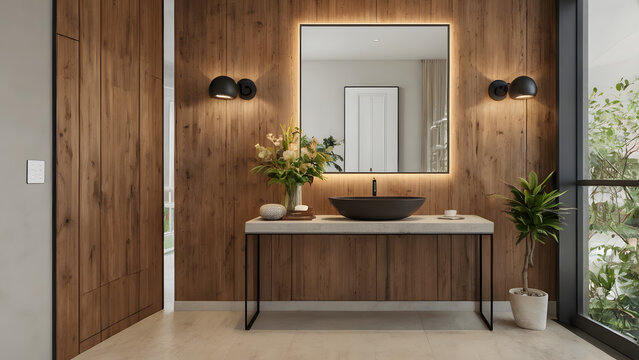 Modern home entry space with smart touchpad lock cabinet and decorative wall mirror