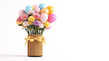 Vibrant flower bouquet adorned with colorful balloons in a decorative vase creates festive