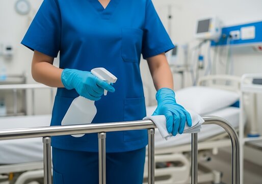 Healthcare professional in blue scrubs sanitizing a hospital bed rail with disinfectant spray and cloth