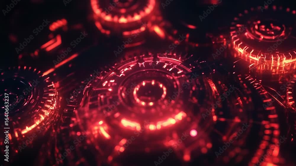 Poster futuristic glowing purple and red circular mechanisms creating a technological background