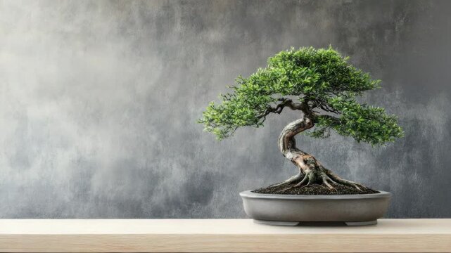 Small bonsai tree on wooden shelf against gray wall