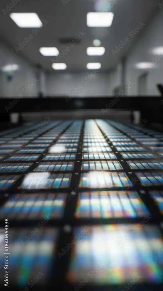 Poster Close Up of Blue and Silver Microchip Wafer Array in Bright Industrial Setting with Metallic Shine and Grid Pattern for High Tech Manufacturing