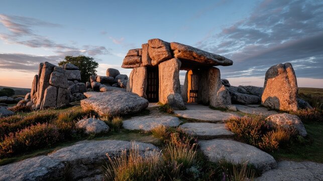 Sunrise illuminates ancient stone structure