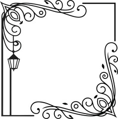 A decorative, black-and-white border design featuring intricate swirls and leaves, with a vintage-style street lamp on the left side