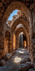 Sunlit arches of a weathered ancient corridor