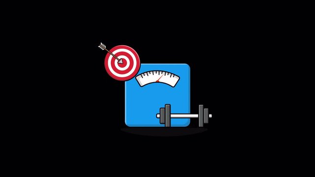 Animated Weight Machine with Dumbbell and Goal Arrow. Weight Goal Concept Video - Transparent