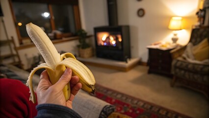Holding a Peeled Banana in Cozy Living Room with Fireplace and Warm Interior Lighting