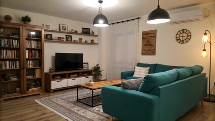 Cozy Living Room Interior with Teal Sofa, Wooden Accents, and Stylish Decor in a Modern Home