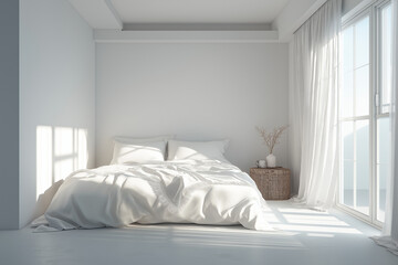 Minimal white bedroom with sunlight