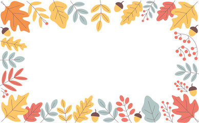 Autumn leaves and acorns frame on white background