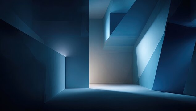 Abstract architectural interior, deep blue and muted tones