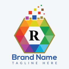 Abstract vector icon design with an atom symbol and a periodic number box and tech r logo design