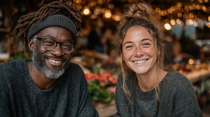 Happy, smiling entrepreneurs using a laptop inside a coffee shop, two individuals sharing ideas and laughing while posting online content