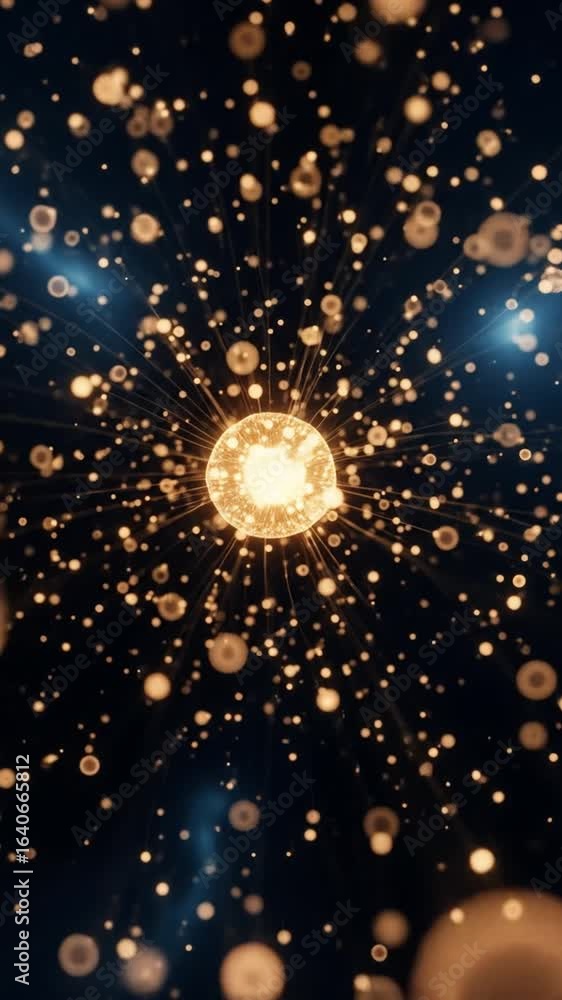 Poster golden spheres radiating light in dark abstract background shiny orbs and connected dots floating th