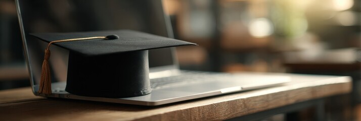 Higher Education Online. Black Graduation Cap on Laptop for Masters or Bachelors Degree Thesis Writing