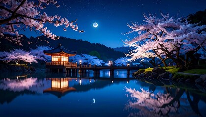 Fototapeta premium Nighttime cherry blossoms over a serene lake