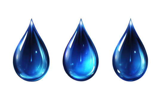 Multiple isolated blue water droplets with a reflective surface set against a transparent background