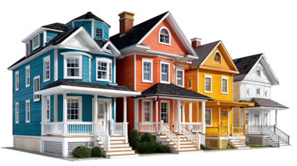 Colorful Row Houses: A charming row of vibrant, multicolored houses. Each dwelling is a unique work of architectural design, inviting the viewer to explore the beauty of suburban living. 