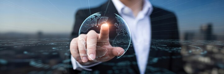 Global Business - A businessman's finger touching a glowing world globe, with a digital overlay of cityscapes, symbolizing global management and expansion