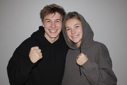 Hoodie Couple: Happy Young Friends in Casual Attire Bumping Fists
