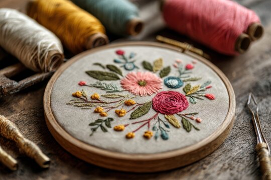 Hoop Needle. Hand-Made Embroidery on Canvas with Thread Mouline. Woman's Needlecraft Decoration