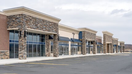 Plakat New Retail Strip Mall Facade with Stone Accents and Empty Parking Lot on Overcast Day