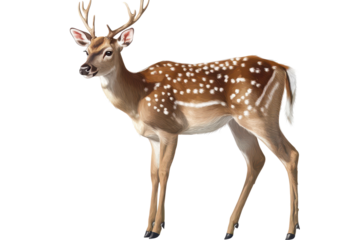 Realistic depiction of a healthy deer standing in a neutral pose with a focus on its distinctive spots and graceful stature against a transparent background