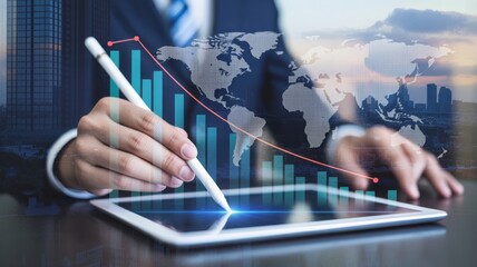 Global Market Decline - A businessman using a digital pen on a tablet, with an overlay of a world map and a downward-trending red graph, symbolizing market crisis