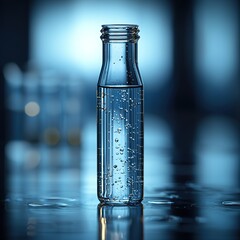 Monochromatic Laboratory Scene with Focused Glass Vial and Shelved Reports