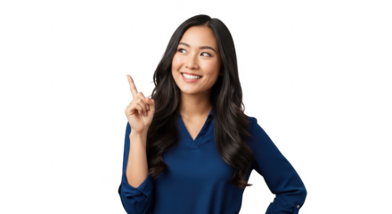 Young asian woman pointing up with a smile, isolated on transparent background