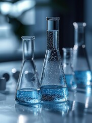 Monochromatic Laboratory Scene with Focused Glass Vial and Shelved Reports