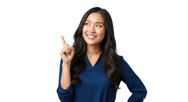 Young asian woman pointing up with a smile, isolated on transparent background