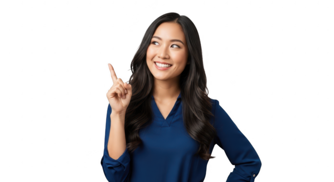 Young asian woman pointing up with a smile, isolated on transparent background